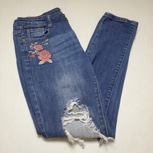 Machine Distressed Rose Embroidered Skinny Jeans SZ 11/31